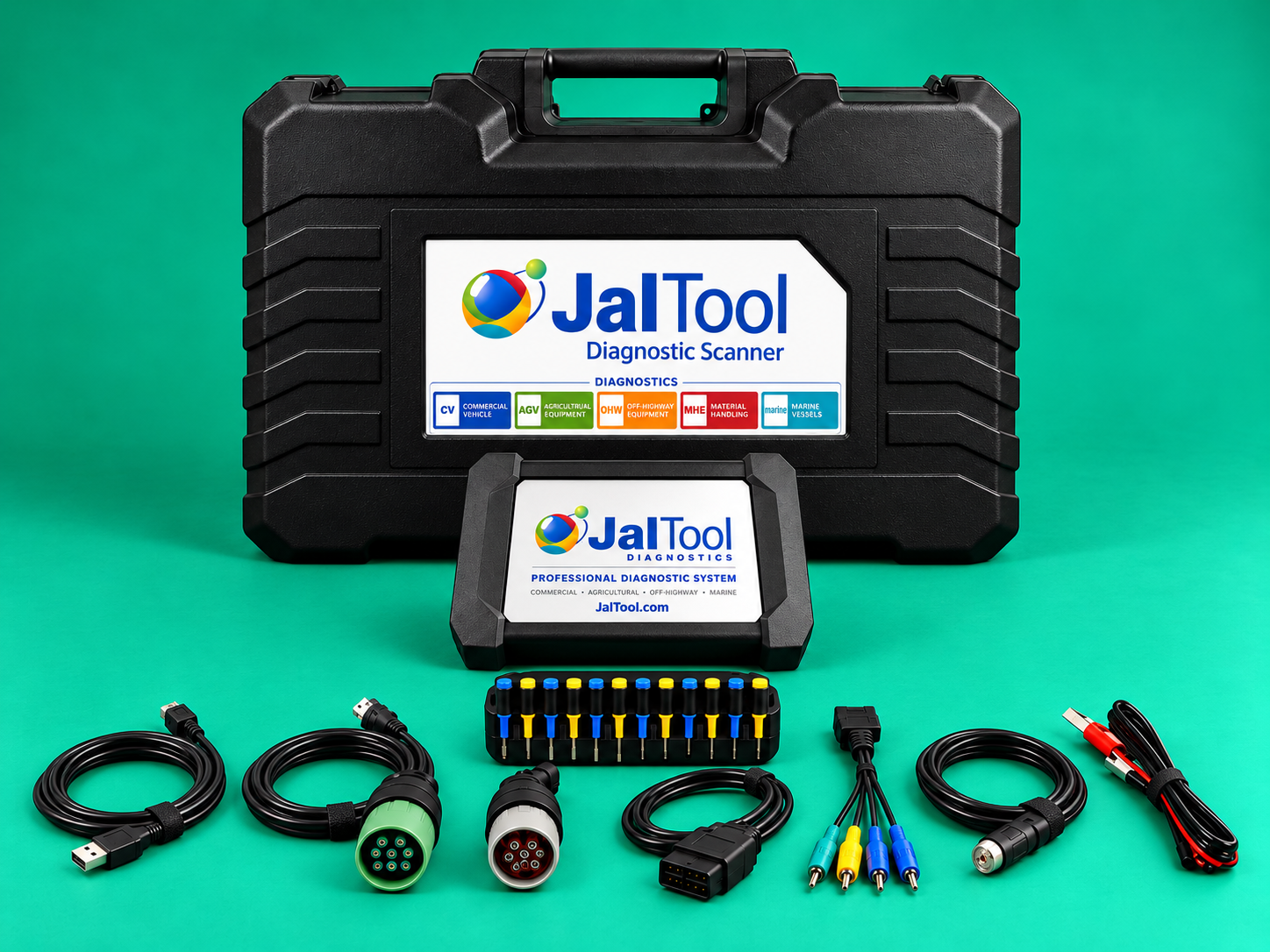 JalTool diagnostic scanner main unit, protective case and cable accessory kit